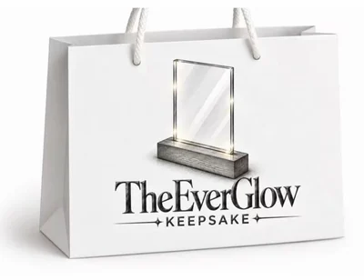 Mockup of a white gift bag with an acrylic keepsake illustration