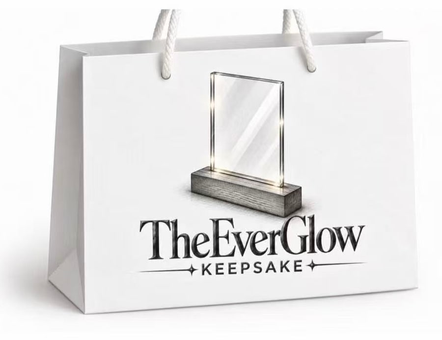 Mockup of a white gift bag with an acrylic keepsake illustration