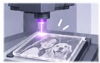 The machine automatically engraves a photo onto acrylic